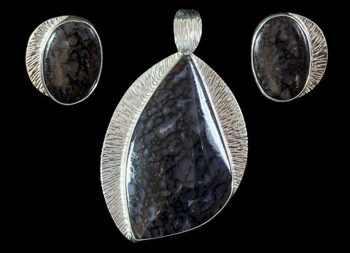 Agatized Dinosaur Bone (Gembone) Earrings & Pendant Set #69972